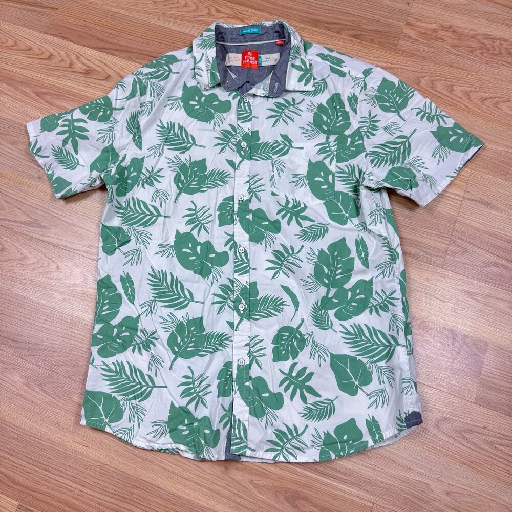 Men’s Button Up Shirt Hawaiian White Green Large Free Planet Tropical Beach